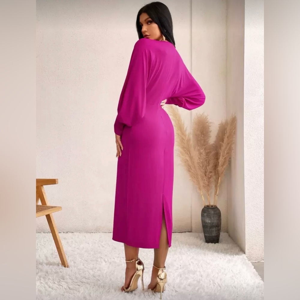 Batwing Sleeve Split Back Fuschia Fitted Dress – Size L – NWOT - Picture 3 of 8